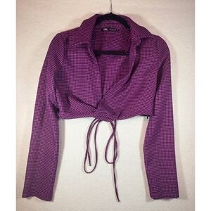 ZARA Purple Black Houndstooth Cropped Tie Front Long Sleeve Top S